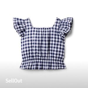 NWT Janie and Jack Girls Gingham Ruffle Sleeve Blouse Size 8 Navy‎ Blue